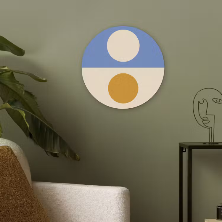 Cirkels - Symmetrisch - Wit - Blauw- Geel Akoestische PET Vilt - Rond klein -sfeer2