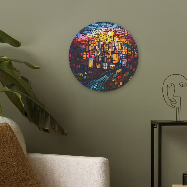 Stad - Maan - Mozaïek - Kleurrijk Akoestische PET Vilt - Rond klein -sfeer2