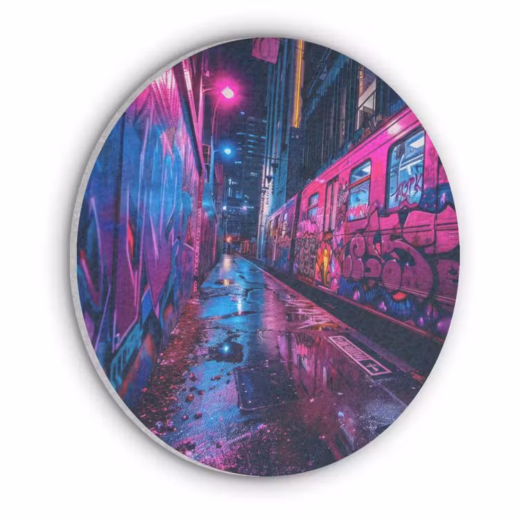 Stad - Neon -  Nacht - Roze - Graffiti Akoestische PET Vilt - Rond klein -3d