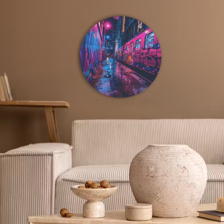Stad - Neon -  Nacht - Roze - Graffiti Akoestische PET Vilt - Rond klein -sfeer1