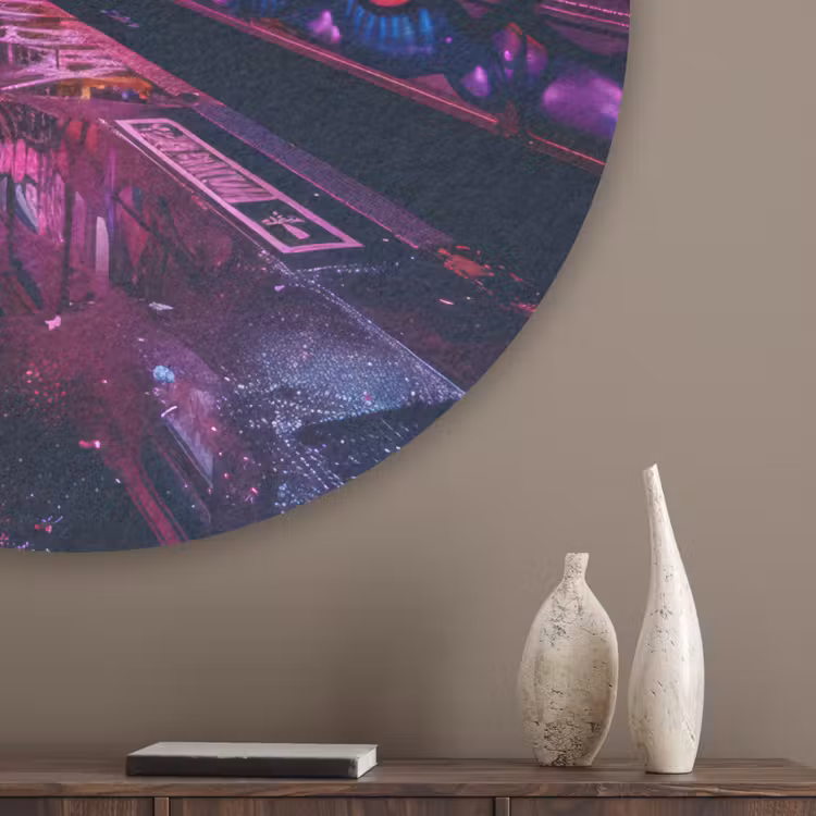 Stad - Neon -  Nacht - Roze - Graffiti Akoestische PET Vilt - Rond klein -sfeer5_closeup