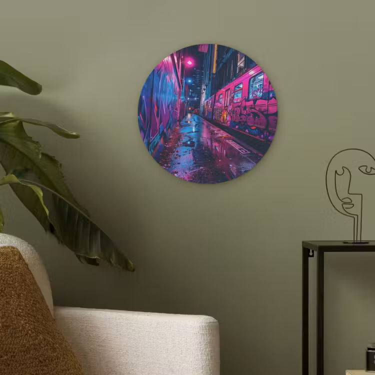 Stad - Neon -  Nacht - Roze - Graffiti Akoestische PET Vilt - Rond klein -sfeer2