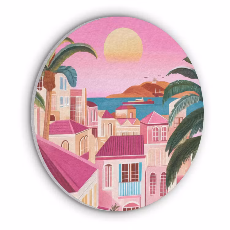 Stad - Roze - Palmbomen Akoestische PET Vilt - Rond klein -3d