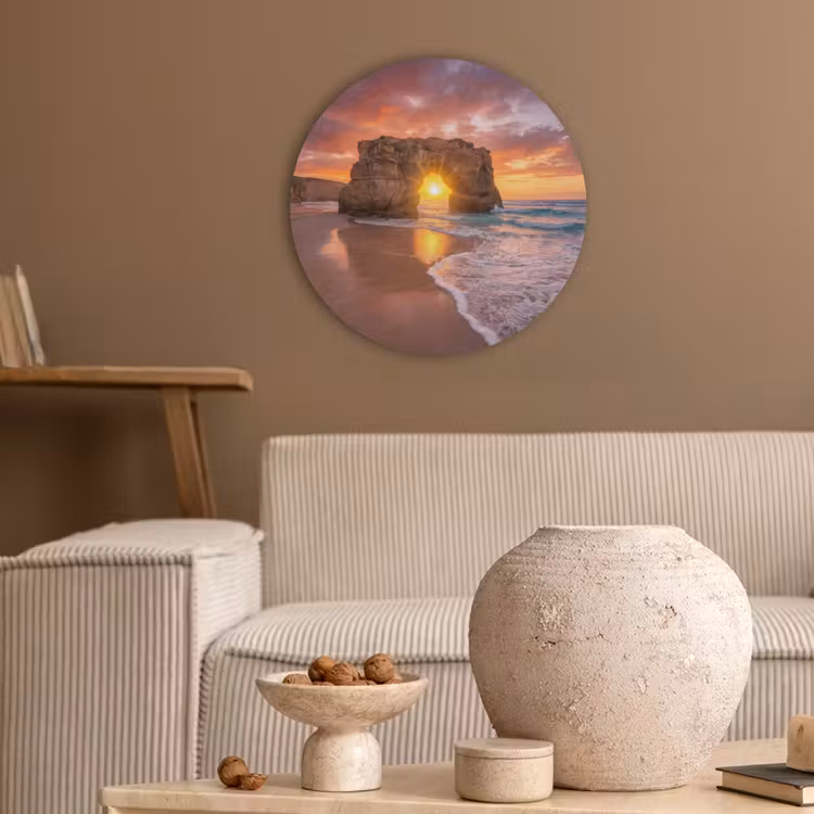 Kust - Rots - Zonsondergang - Zee - Natuur Akoestische PET Vilt - Rond klein -sfeer1