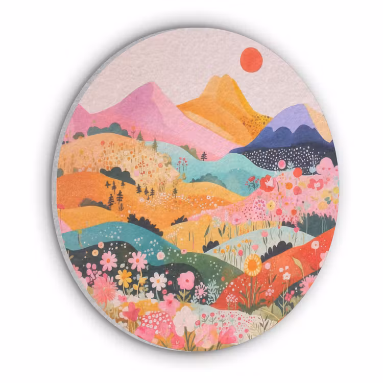 Kleurrijke bloemen - Bergen - Fantasielandschap Akoestische PET Vilt - Rond klein -3d