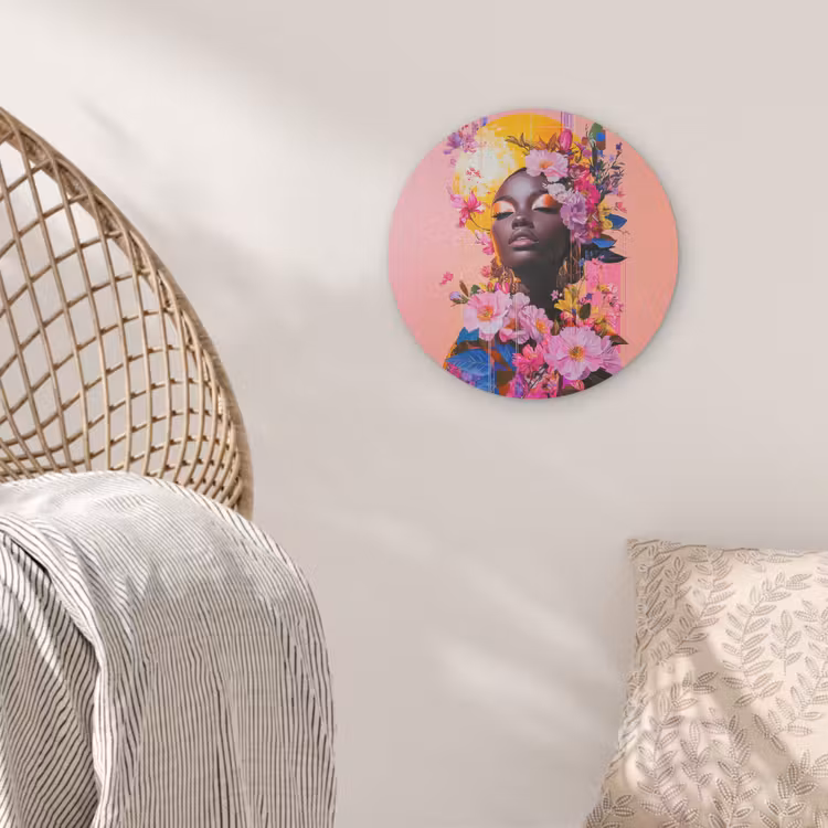 Kleurrijk - Bloemen - Vrouw - Zon Akoestische PET Vilt - Rond klein -sfeer4