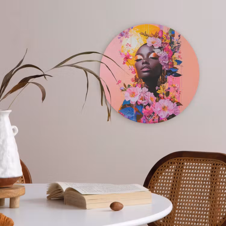 Kleurrijk - Bloemen - Vrouw - Zon Akoestische PET Vilt - Rond klein -sfeer3