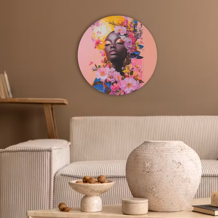 Kleurrijk - Bloemen - Vrouw - Zon Akoestische PET Vilt - Rond klein -sfeer1