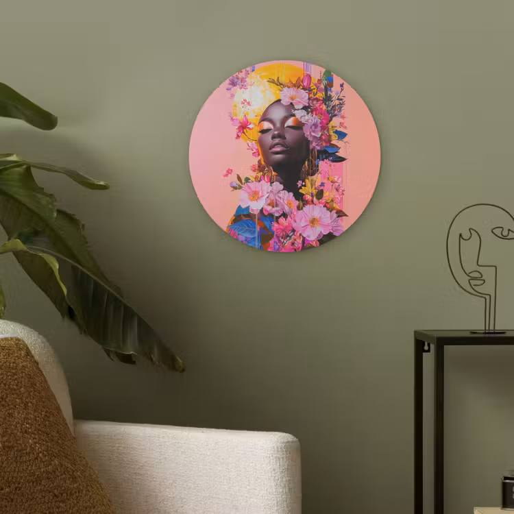 Kleurrijk - Bloemen - Vrouw - Zon Akoestische PET Vilt - Rond klein -sfeer2