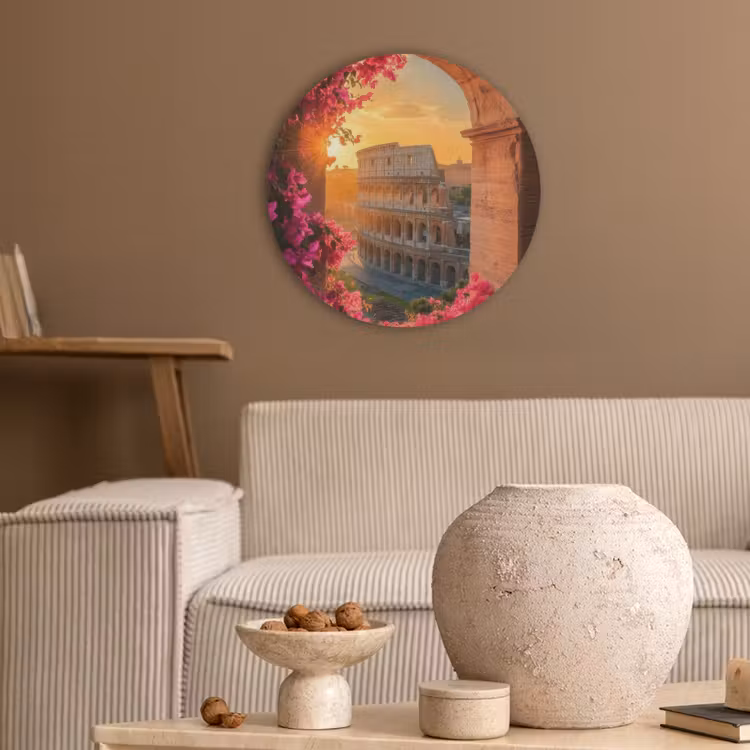 Colosseum - Rome - Roze Bloemen Akoestische PET Vilt - Rond klein -sfeer1