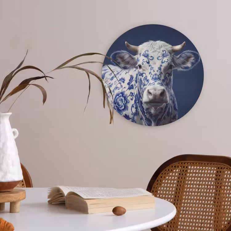 Koe - Delfts - Blauw - Artistiek Akoestische PET Vilt - Rond klein -sfeer3