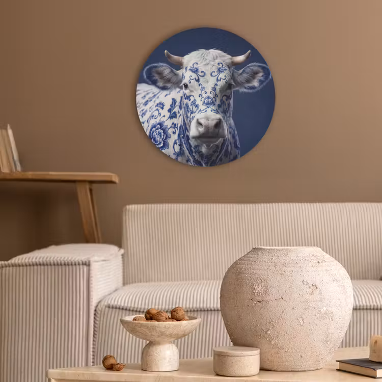 Koe - Delfts - Blauw - Artistiek Akoestische PET Vilt - Rond klein -sfeer1