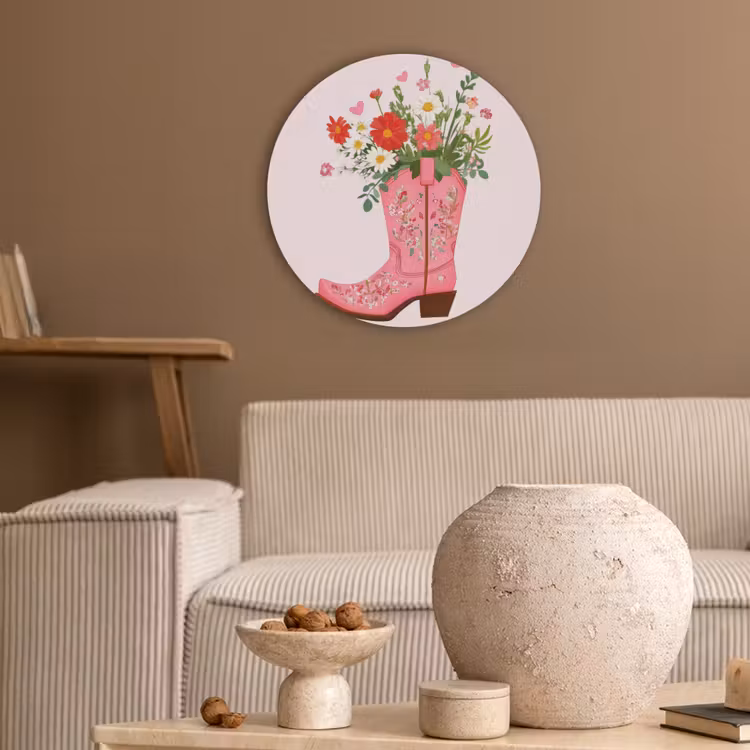 Cowboylaarzen - Roze - Boeket - Bloemen Akoestische PET Vilt - Rond klein -sfeer1