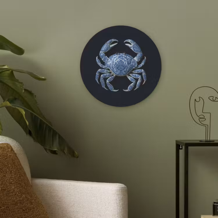 Krab - Delfts blauw - Dieren Akoestische PET Vilt - Rond klein -sfeer2