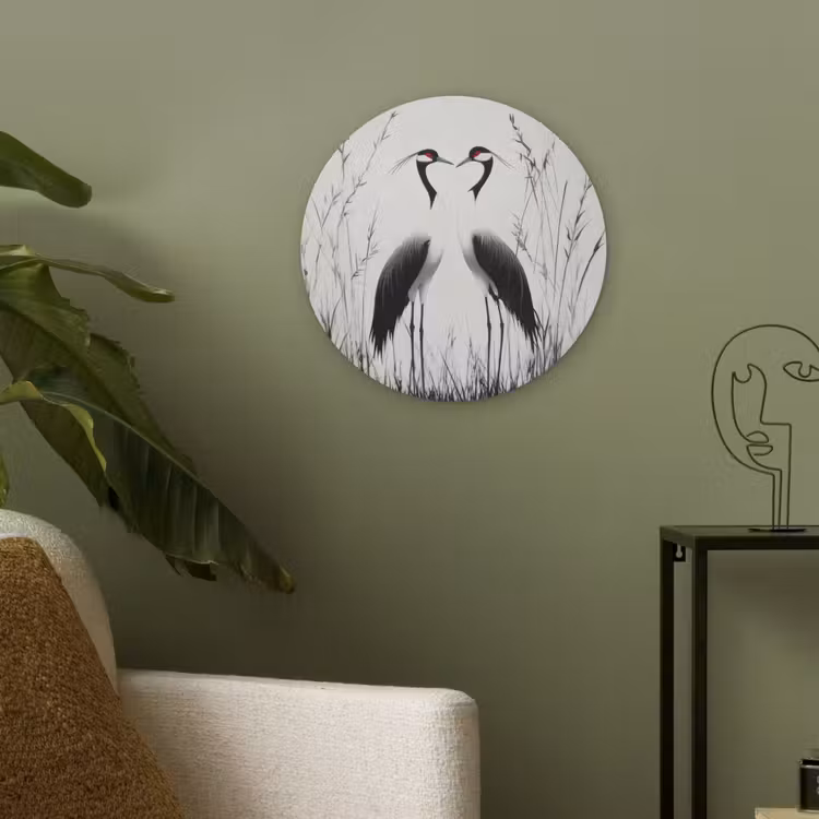 Kraanvogels - Gras - Hartvorm - Zwart Akoestische PET Vilt - Rond klein -sfeer2