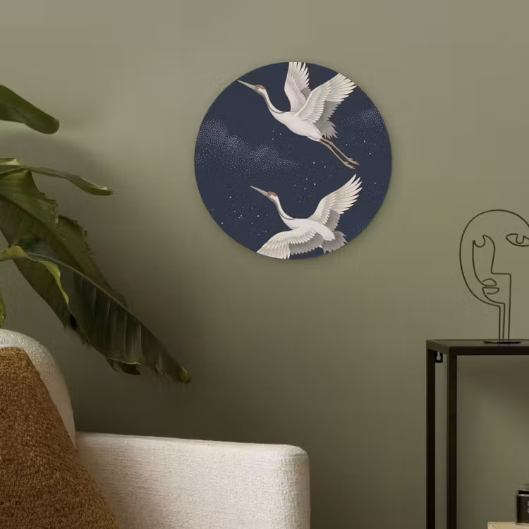 Kraanvogels - Nachthemel - Blauw Akoestische PET Vilt - Rond klein -sfeer2