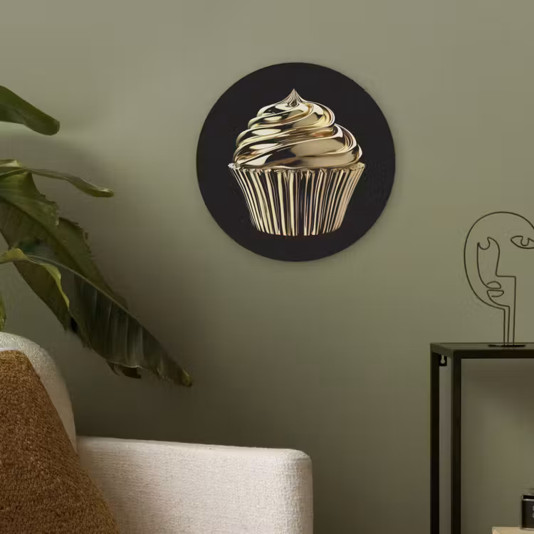 Cupcake - Eten - Goud - Zwart Akoestische PET Vilt - Rond klein -sfeer2