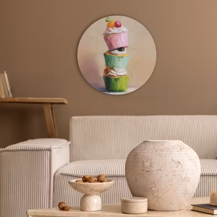 Cupcakes - Gestapeld - Kleurrijk - Fruit Akoestische PET Vilt - Rond klein -sfeer1
