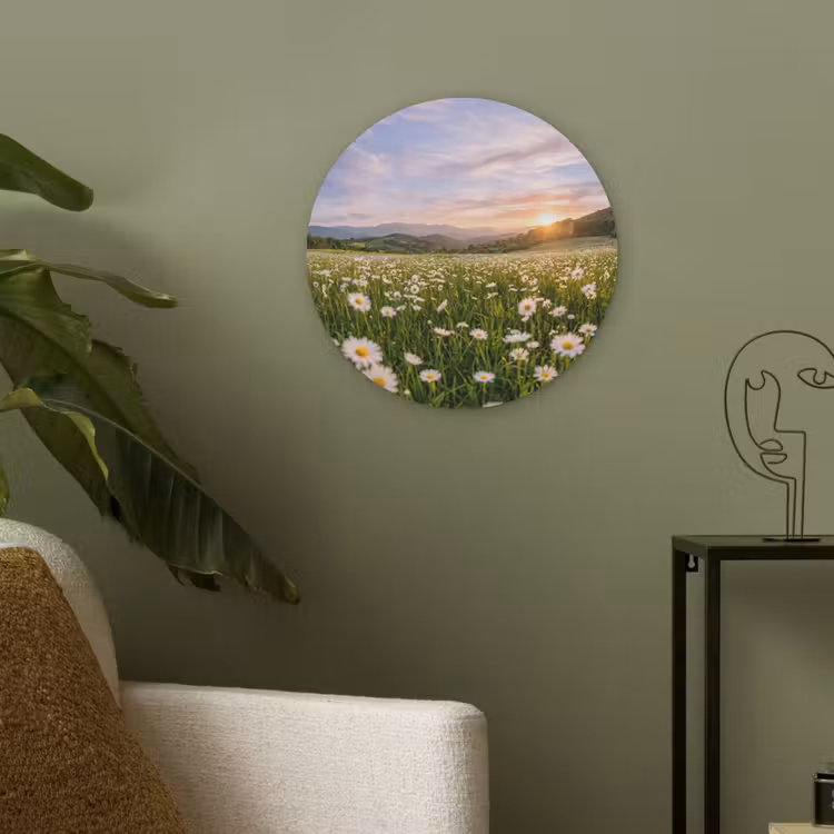 Madelief - Veld - Heuvels - Groen Akoestische PET Vilt - Rond klein -sfeer2