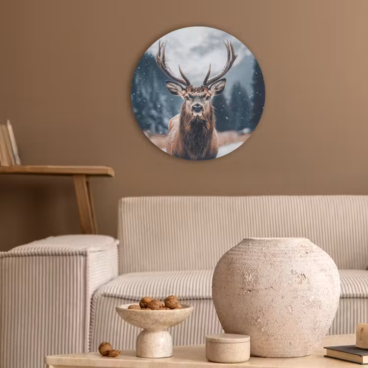 Hert - Dieren - Landschap - Winter - Sneeuw Akoestische PET Vilt - Rond klein -sfeer1