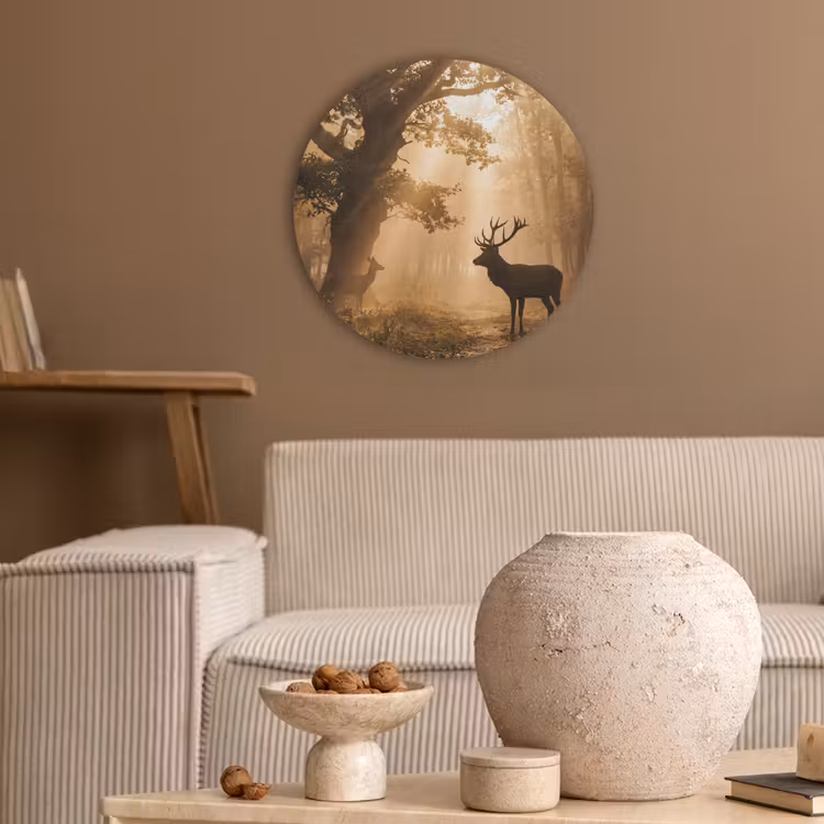 Hert - Bos - Mistig - Natuur - Goud Akoestische PET Vilt - Rond klein -sfeer1