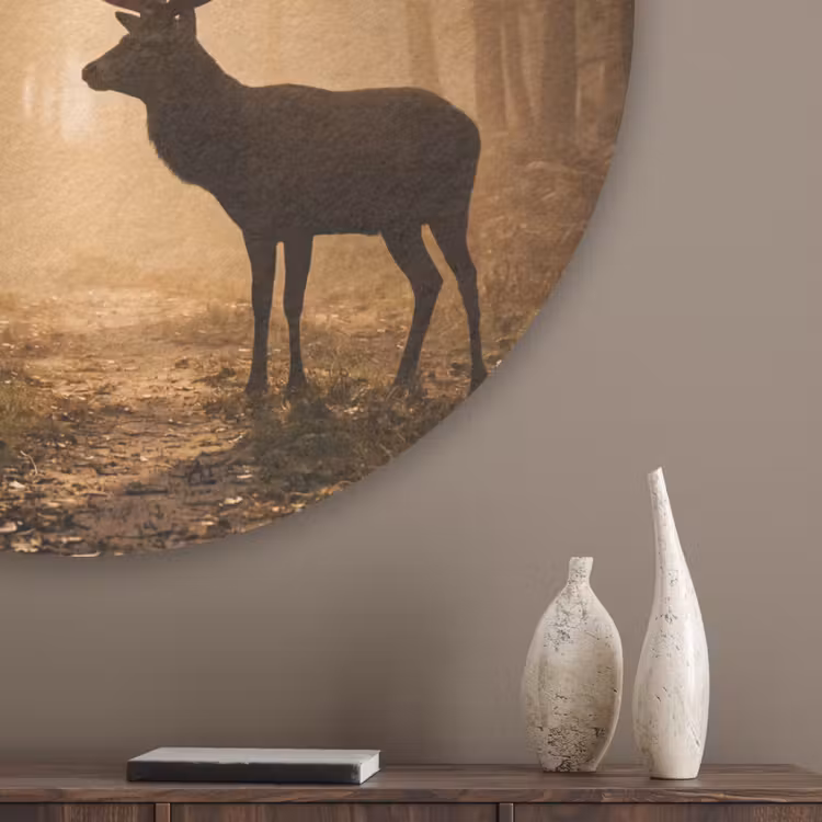 Hert - Bos - Mistig - Natuur - Goud Akoestische PET Vilt - Rond klein -sfeer5_closeup