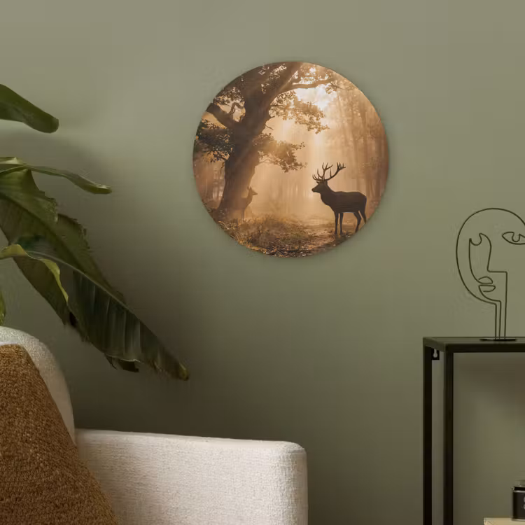 Hert - Bos - Mistig - Natuur - Goud Akoestische PET Vilt - Rond klein -sfeer2