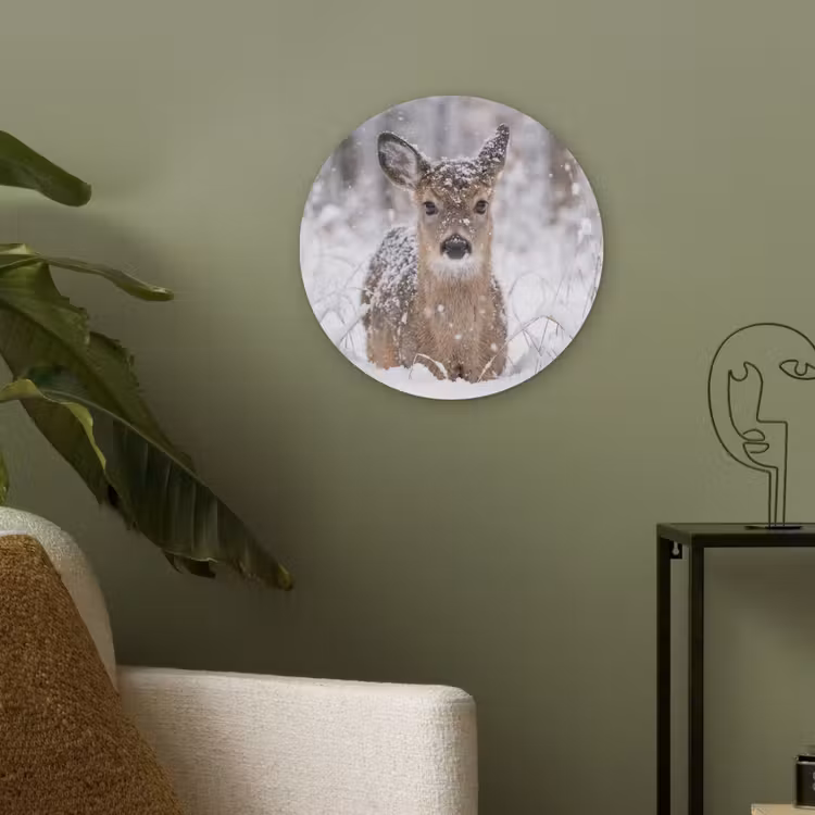 Hert - Sneeuw - Bos - Dieren - Vertederend Akoestische PET Vilt - Rond klein -sfeer2