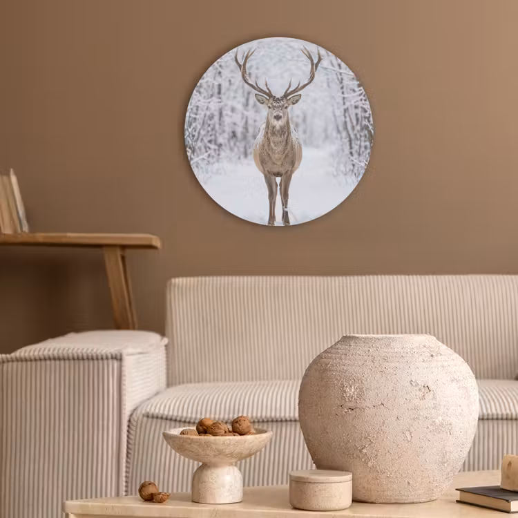Hert - Winter - Bos - Natuur - Wit Akoestische PET Vilt - Rond klein -sfeer1
