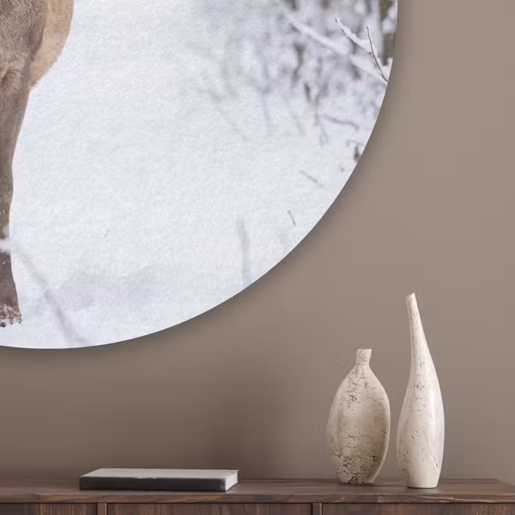 Hert - Winter - Bos - Natuur - Wit Akoestische PET Vilt - Rond klein -sfeer5_closeup