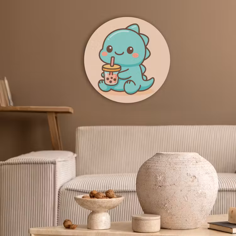 Dino - Boba - kawaii - Oranje Akoestische PET Vilt - Rond klein -sfeer1