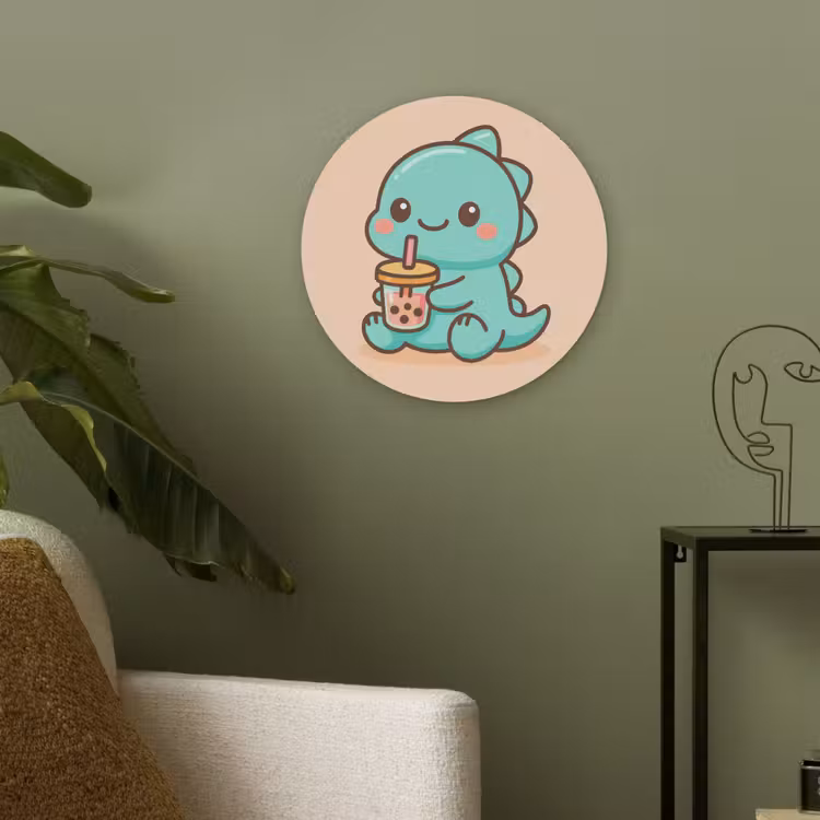 Dino - Boba - kawaii - Oranje Akoestische PET Vilt - Rond klein -sfeer2