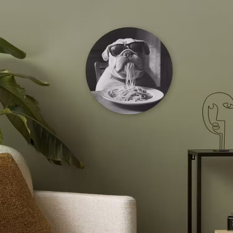 Hond - Bulldog - Pasta - Bril - Stoer - Dieren Akoestische PET Vilt - Rond klein -sfeer2
