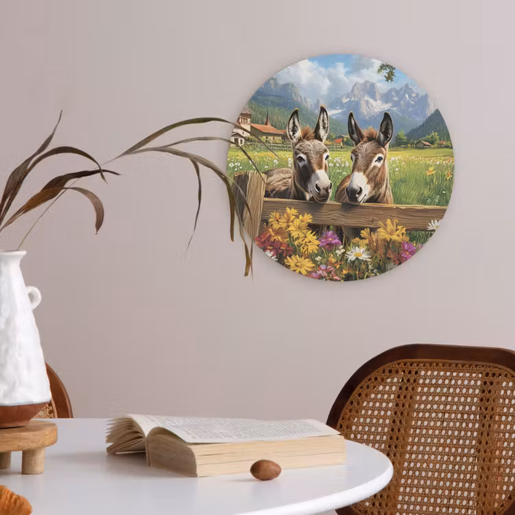 Ezels - Bloemen - Zomers Akoestische PET Vilt - Rond klein -sfeer3