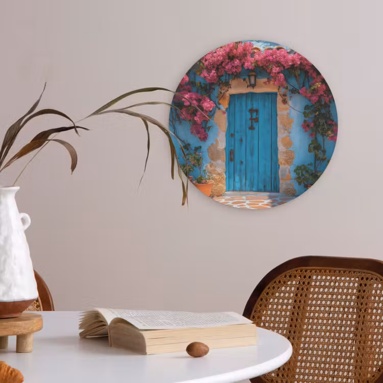 Deur - Hout - Bloemen - Blauw Akoestische PET Vilt - Rond klein -sfeer3