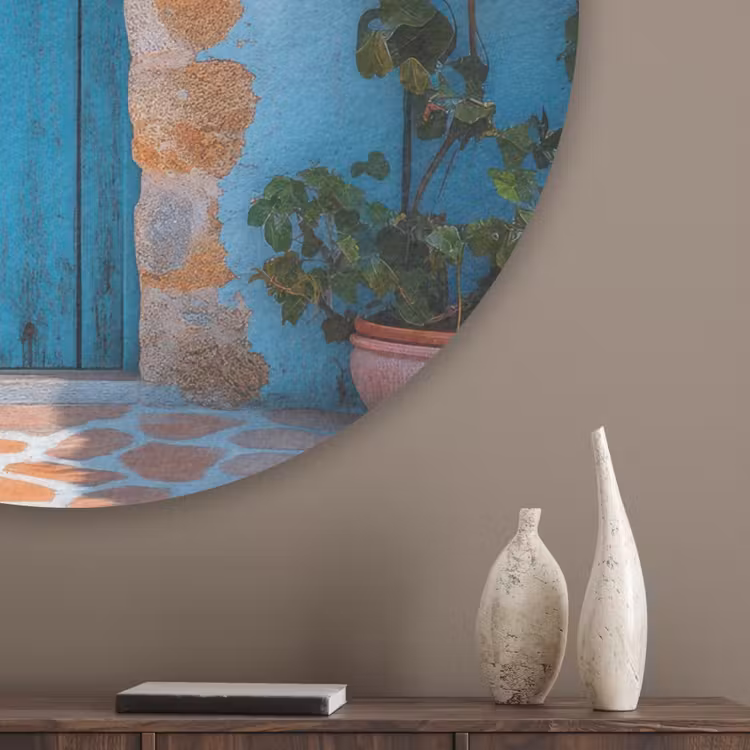 Deur - Hout - Bloemen - Blauw Akoestische PET Vilt - Rond klein -sfeer5_closeup
