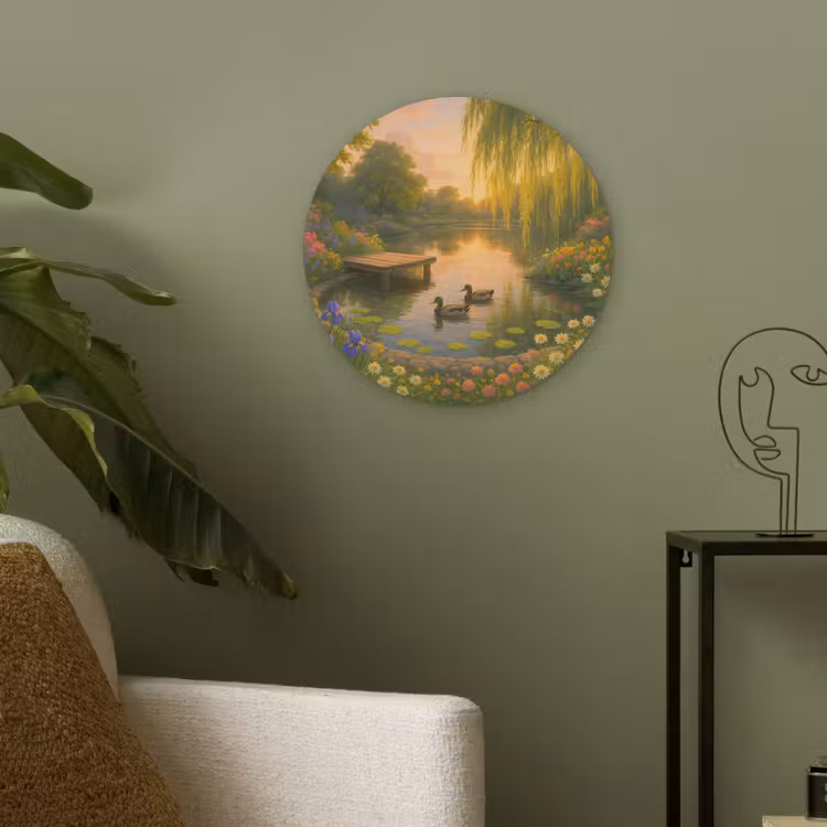 Eenden - Vijver - Bloemen Akoestische PET Vilt - Rond klein -sfeer2