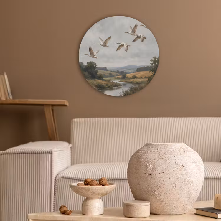 Eenden - Rivier - Landschap - Vlucht - Nostalgisch Akoestische PET Vilt - Rond klein -sfeer1