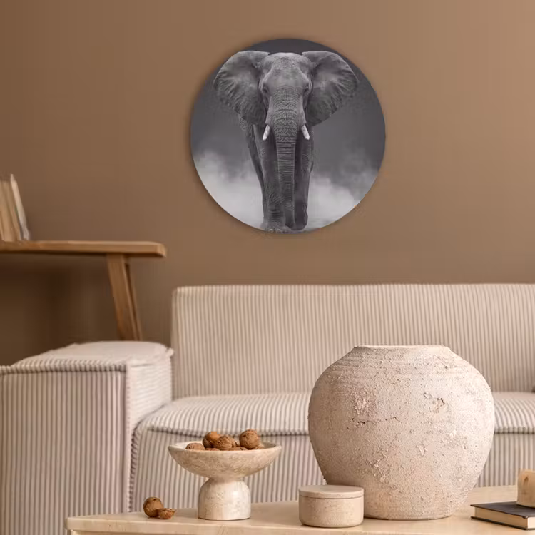 Olifant - Zwart - Wit - Rook Akoestische PET Vilt - Rond klein -sfeer1