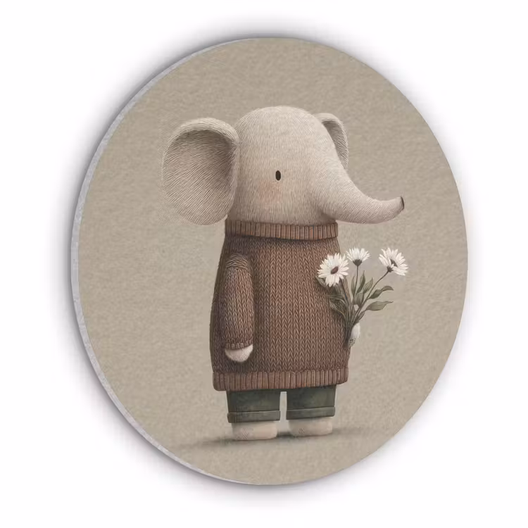 Olifant - Witte bloemen - Kindvriendelijk Akoestische PET Vilt - Rond klein -3d