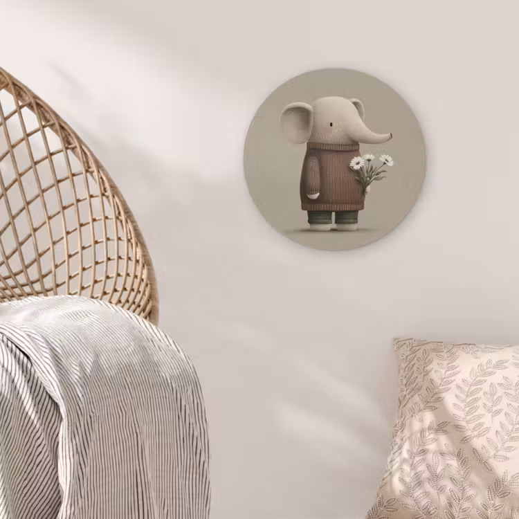 Olifant - Witte bloemen - Kindvriendelijk Akoestische PET Vilt - Rond klein -sfeer4