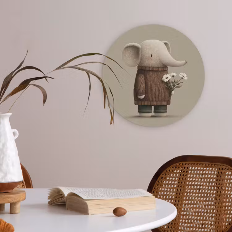 Olifant - Witte bloemen - Kindvriendelijk Akoestische PET Vilt - Rond klein -sfeer3