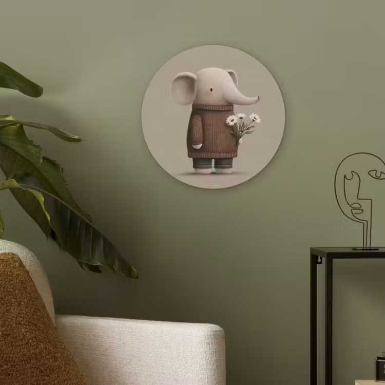Olifant - Witte bloemen - Kindvriendelijk Akoestische PET Vilt - Rond klein -sfeer2
