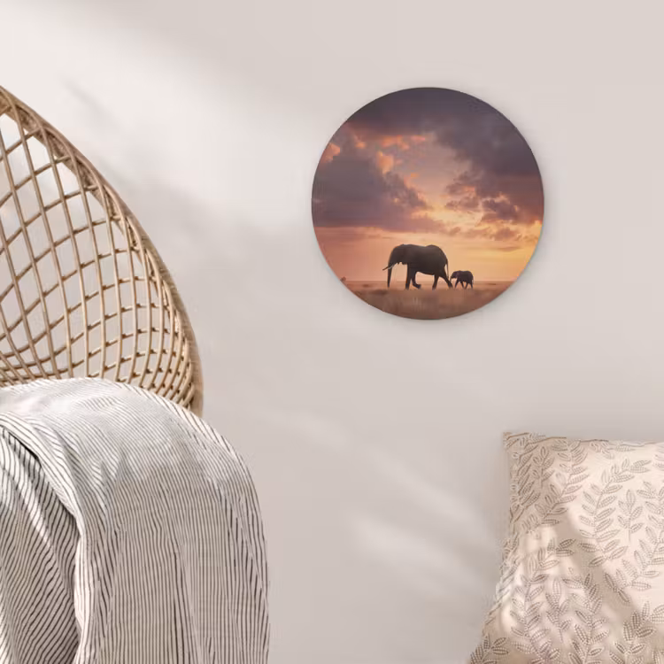 Olifanten - Grasland - Zonsondergang Akoestische PET Vilt - Rond klein -sfeer4