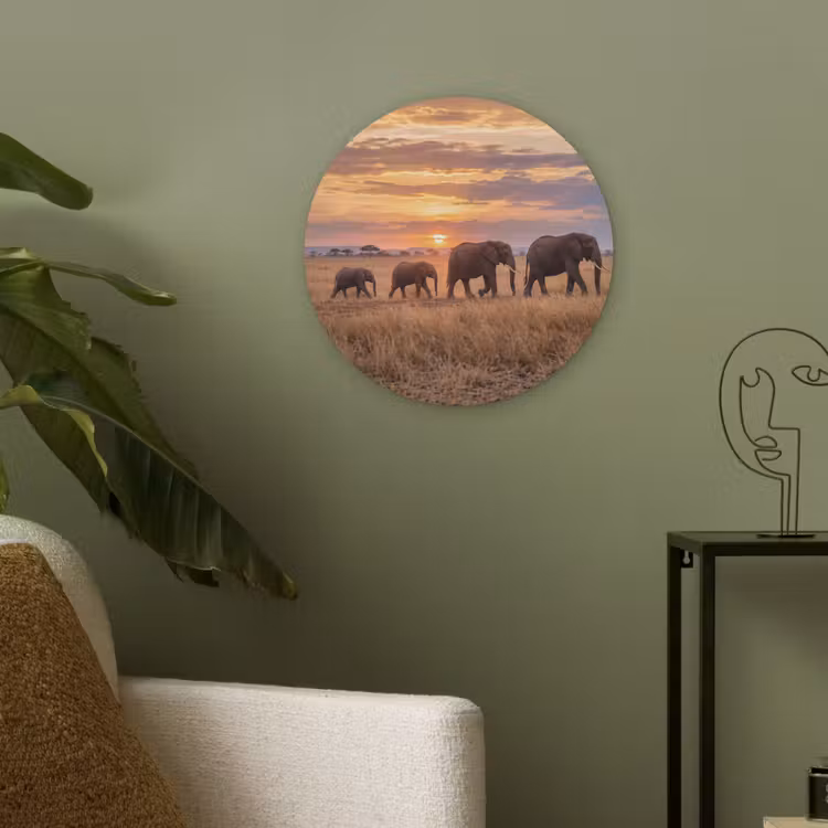 Olifanten - Savanne - Zonsondergang - Afrika - Warm Akoestische PET Vilt - Rond klein -sfeer2