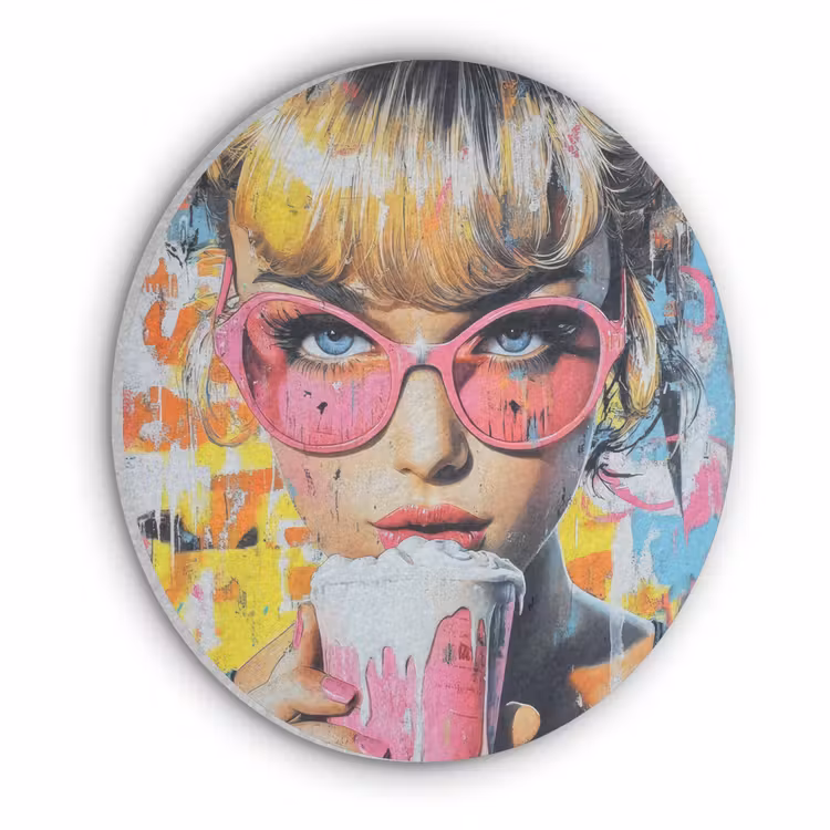 Expressief - Milkshake - Vrouw - Felle kleuren Akoestische PET Vilt - Rond klein -3d