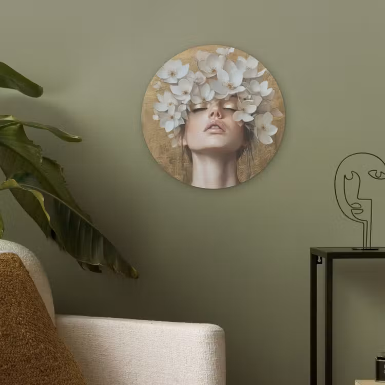 Gezicht - Bloemen - Goud - Abstract Akoestische PET Vilt - Rond klein -sfeer2