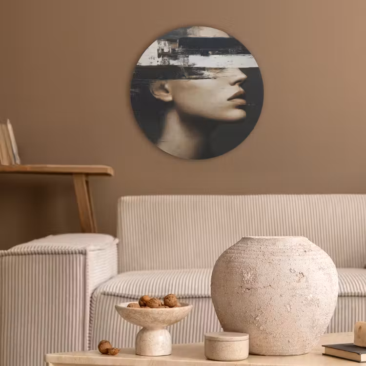 Gezicht - Vrouw - Zwart - Abstract Akoestische PET Vilt - Rond klein -sfeer1