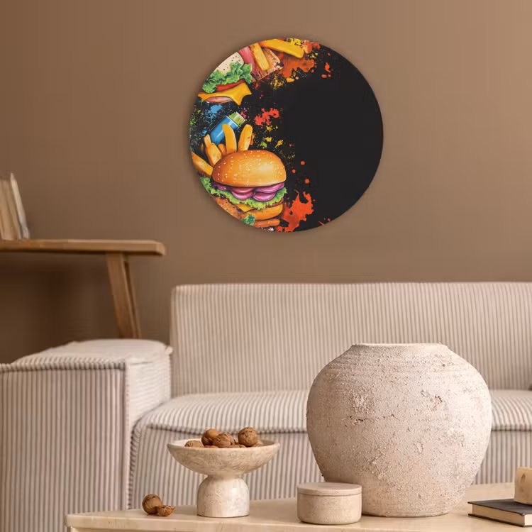 Fastfood - Graffiti - Hamburger - Eten - Modern Akoestische PET Vilt - Rond klein -sfeer1