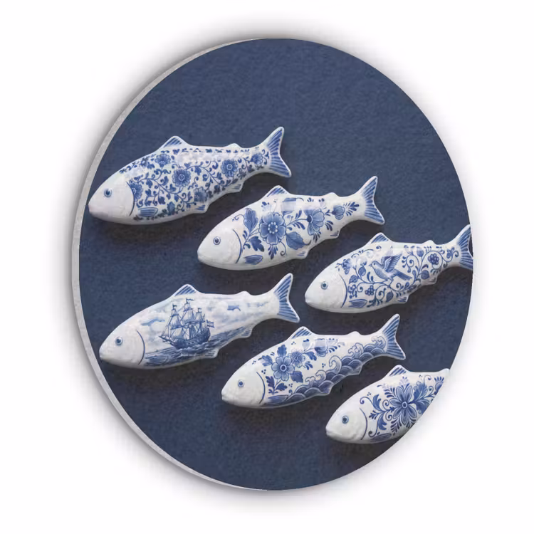 Vissen - Delfts - Blauw - Keramiek Akoestische PET Vilt - Rond klein -3d